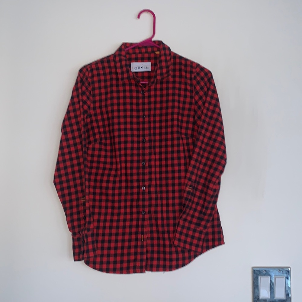 Orvis red & black womens buffalo plaid button down shirt- XS